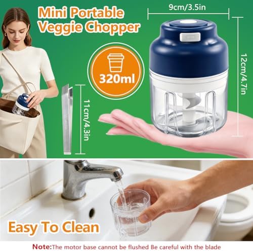 Electric Garlic Chopper, Upgrade 6 Blades, 320ML Wireless Food Processor, Mini Grinder for Kitchen,Mashing Nuts Chili Onion Minced Meat and Spices USB Rechargeable