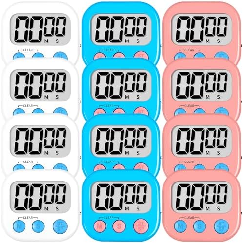 ZILLEEN Digital Kitchen Classroom Timers for Kids Cooking 12pcs Wht Blu Pk