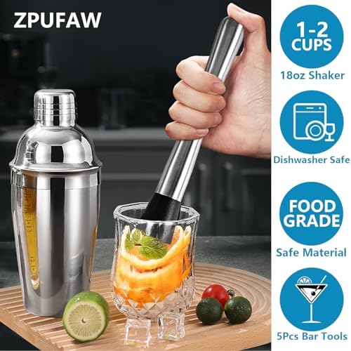 ZPUFAW 5-Piece Cocktail Shaker Set Shaker Strainer Jigger T-Mixing Spoon Muddler Bartender Kit Stainless Steel Bar Set Housewarming Gift