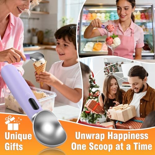Heated Ice Cream Scoop Rechargeable, Electric Ice Cream Scooper with 3-Temp Settings, LED Display & IPX7 Waterproof, Ergonomic Silicone Handle, House Warming Gifts for Women Men Friend (purple)