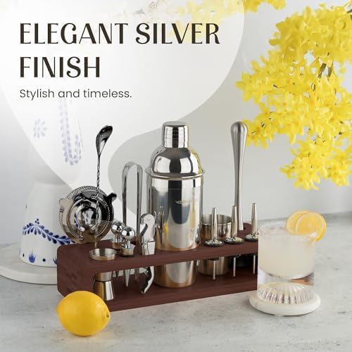 Modern Mixology Pro-Graded Cocktail Shaker Set with Stand | Complete Bartender Kit | 24oz Martini Shaker, Jigger, Strainer, Bar Spoon, Tongs, Opener, Muddler, Home Bar Essentials