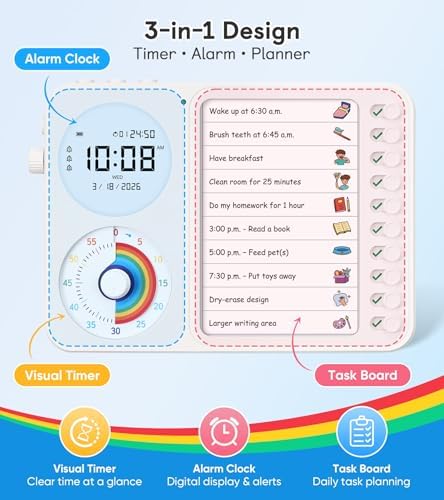3-in-1 Visual Timer & ADHD Tool for Kids – ADHD Task Timer for Adults with Visual Schedule, Chore Chart & Planning Board for Home, School, Classroom, Work (White)