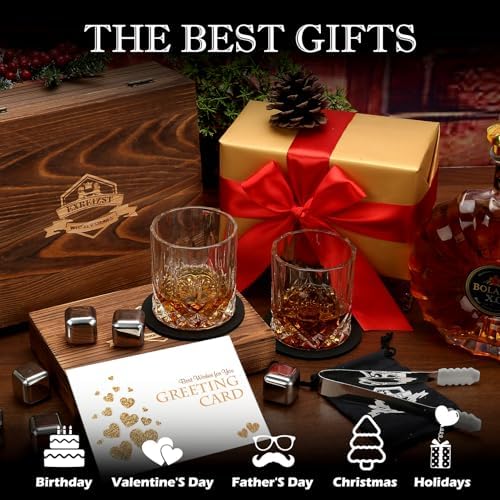 Whiskey Stones and Whiskey Glasses Set of 2, Cool Bourbon Gifts for Men