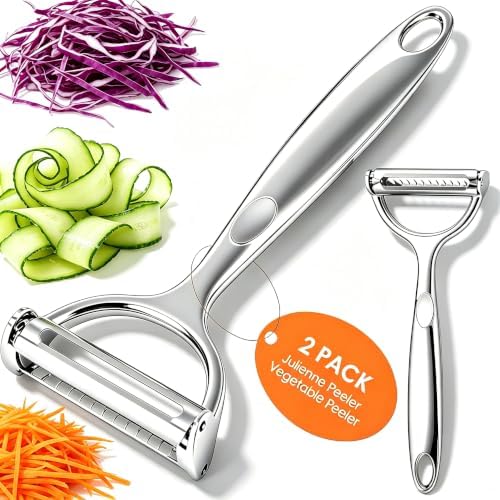 2PCS Julienne Peeler Vegetable Peeler Set, 2-in-1 Potato Peeler for Kitchen, Stainless Steel Dual Blade Y Peeler for Carrot Cucumber Citrus, Left & Right Handed
