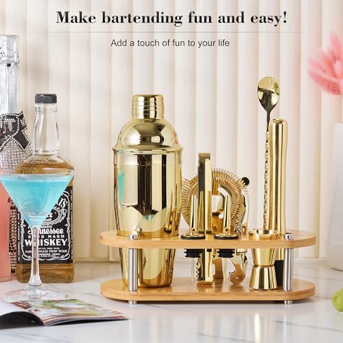 Wukuna Cocktail Shaker Bartender Kit, 11 Pcs Bar Tool Set with Bamboo Stand