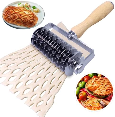 Stainless Steel Pastry Lattice Cutter, Lattice Dough Wheel Cutter with Wooden Handle, Roller Cutter for Lattice Pie Crust, Beef Wellington, Metal Pastry Dough Slicer for Bread, Pizza, and Puff Pastry