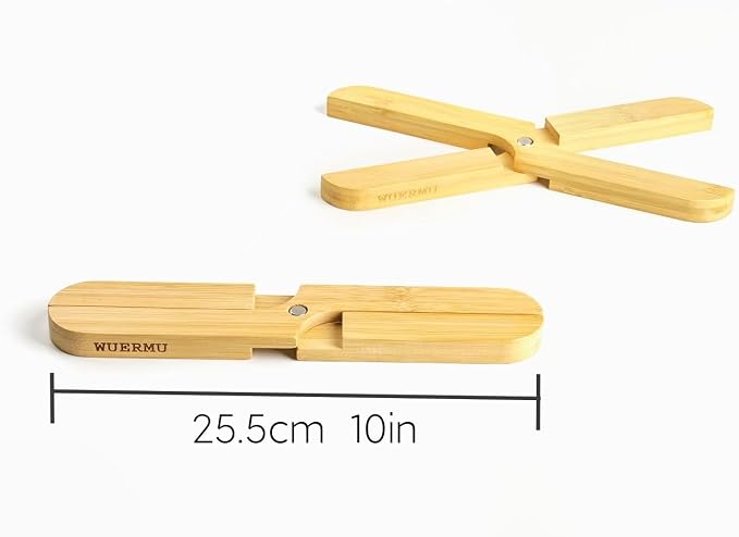 Natural Foldable Bamboo Trivet Set - 2 Trivets, Hot Pads Trivet, Table Solid Bamboo Wood Trivets for Hot Dishes, Pot, Bowl, Teapot, Hot Pot Holders (10 Inch)