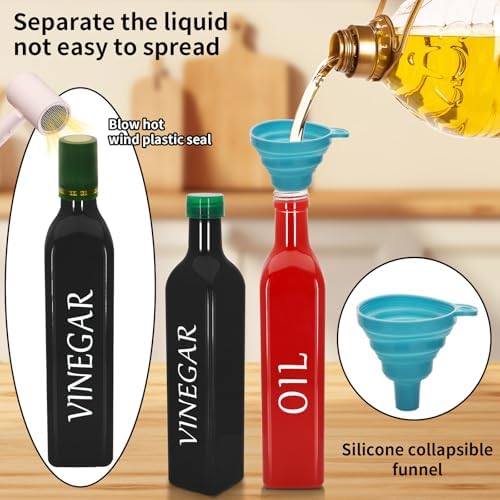 Olive Oil Dispenser Bottle,2 Pcs 17oz 500ml Glass O il and Vinegar Dispenser Set with 2 Stainless Steel Pourers, 8 Labels,Funnel Vinegar Bottles for Kitchen (Red Oil & Black Vinegar)