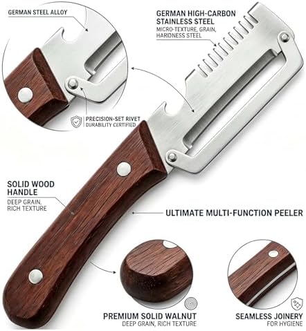 3 in 1 Multifunctional Vegetable Peeler with Julienne & Bottle Opener, German High-Carbon Stainless Steel Blade, Ergonomic Non-Slip Wooden Handle, Handheld Peeler Slicer for Fruits & Vegetables (2Pcs)