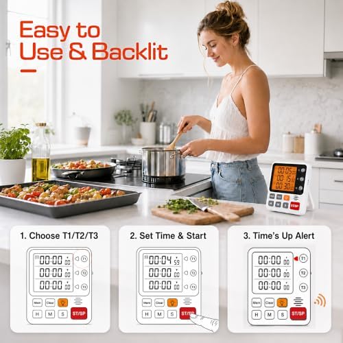 Backlit Magnetic 3-Channel Digital Kitchen Timer for Cooking