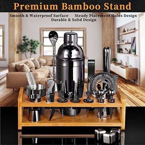 26-Piece Bartender Kit Cocktail Shaker Set | Stainless Steel Bar Set with Bamboo Stand Bar Tools Cocktail Kit for Christmas Drink Mixing,Home Bar Party Gift Bartending Kit Black