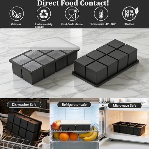 Bangp Silicone Ice Cube Trays with Metal Reinforced Frame(3 Pack),Large Ice Cube Tray with Lid,Easy Release Whiskey Ice Cubes Mold,Ice Trays for Freezer,Stackable Ice Cube Tray(Black)