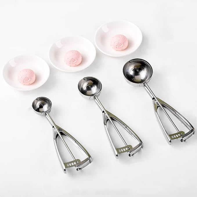 Ecowin Cookie Scoop Set Ice Cream Scoops, 3 PCS Thick Stainless Steel Ice Cream Scoop with Trigger Release, Cookie Scooper for Baking, Free Piping Bag and Tips Cake Decorating, Easy to Clean