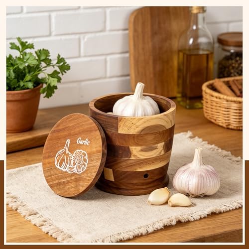 Mifoci Acacia Wood Garlic Keeper with Lid, Ventilated Garlic Storage Container for Countertop, Rustic Crafted Holder Container, Keeps Bulbs Dry, 5.6 x 5 x 5 Inch, Fits 4–5 Heads