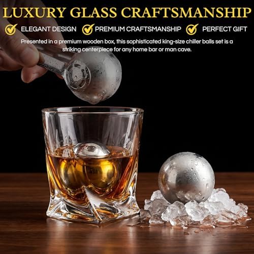 Whiskey Stones Gift Set - Whiskey Glass Set of - 2 King-Sized Chilling Stainless-Steel Whiskey Balls - Scotch Bourbon Box Set - Best Drinking Gifts - Men Dad Husband Birthday Party Present