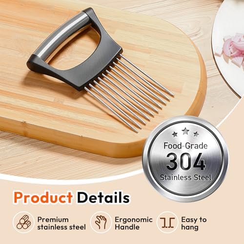 Upgraded Onion Holder for Slicing, Stainless Steel Lemon Slicer Onion Cutter for Slicing, Vegetable Cutter for Potato and Tomato Avocados Eggs Meat Kitchen Chopper Slicings Assistant Tool (3 Pack)