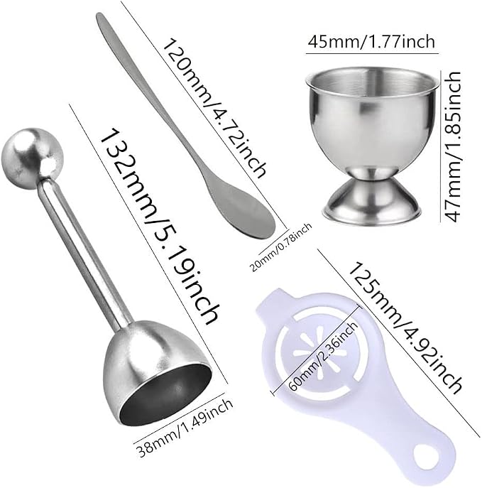 Egg Cracker Topper Set for Soft Boiled Eggs Includes 1 Stainless Steel Egg Topper 6 Egg holder cups 6 Egg Spoons 1 Egg Timer 1 Egg Yolk Separator