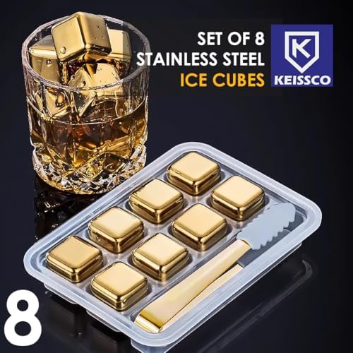 KEISSCO Stainless Steel Chilling Cubes Reusable Ice Cube Whiskey Stones for Drinks Beverage Jumbo Chilling Stones Set with Ice Tongs and Freezer Storage Tray for Whiskey, Gold Color Edition (8 Pack)