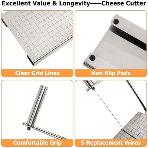 RedCall Cheese Slicer with 4 Piece Cheese Knives Set, Stainless Steel Cheese Cutter with Measuring Grids,Tightness Adjustable Wire Cheese Slicer for Block Cheese, with 5 Extra Wires