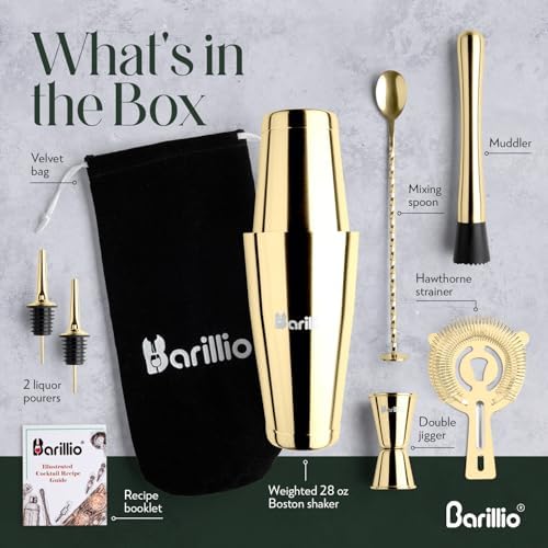 Barillio Gold Boston Shaker Set - Stainless-Steel, Weighted Martini Cocktail Shaker Set w/Strainer & Drink Mixer - Mixology Bartender Kit - Bar Set for the Home - 9-pc Drink Shaker Set - Bar Tools