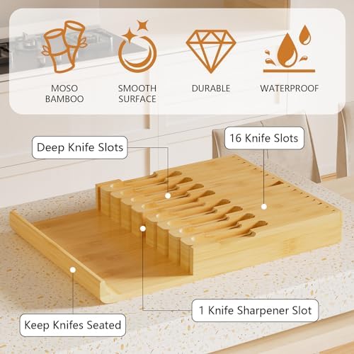 Domax Bamboo In-drawer Knife Block - Knife Drawer Organizer Insert Large Handle Steak Knife Holder, Kitchen Drawer Knife Organizer Fits for 16 knives and 1 Sharpening Steel (Not Included), Natural