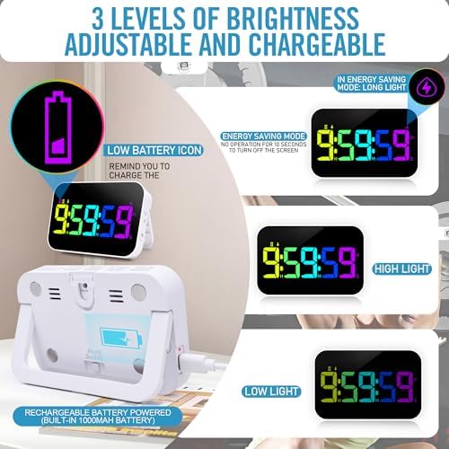 Kitchen Digital RGB Timer, Count Down Up, Rechargeable, Vibration Mode Adjustable Volume and Brightness LED Display, Time Management Cook