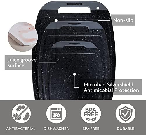 Neoflam Microban Antimicrobial Plastic Cutting Board 3 Sets, BPA Free, Non-Slip EZ Grip Handle, Dishwasher Safe, with Juice Groove
