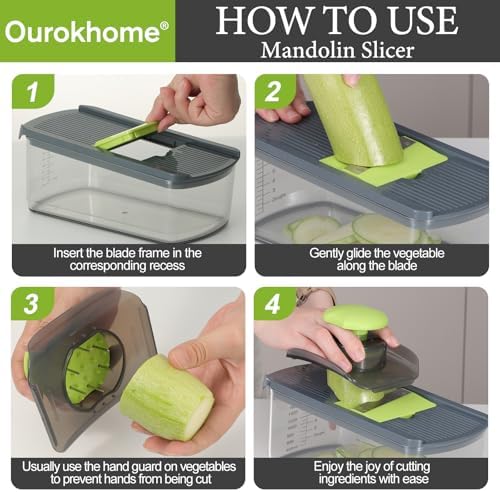 Ourokhome 10 in 1 Mandolin Slicer with Handheld Spiralizer, Multifunctional Vegetable Shredder Vegetable Chopper Onion Cutter with Container, Multifunctional Food Chopper Veggie Dicer with 2 Blades