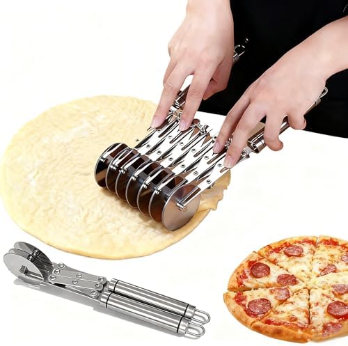 Wheel Pastry Cutter, Adjustable Pasta Cutter with Handle, Stainless Steel Dough Slicer for Noodles, Pizza, Brownies, Pie Crust, Multi-Tool for Baking & Cooking (3 Roller)