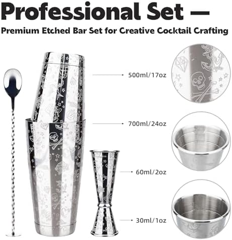 Boston Cocktail Shaker Etched Set, Jigger Spoon 17/24oz Mermaid