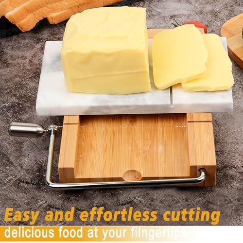 Marble Cheese Slicer,Separable Duty Cheese Cutter 9.5“ x 6”,Polished Cheese Slicer surfaces,Easy to Clean,Great for Cutting Cubes of Cheese,Butter and Other Appetizers (White Gray)