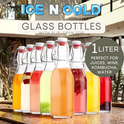 ICE N COLD Glass Swing Top Bottles | Flip Top Glass Bottles for Limoncello, Syrups, Oils, Vinegar, Extracts & Beverages | Airtight Reusable Glass Bottles (6-Pack, LARGE (1L | 34oz))