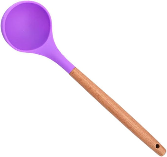 1pc Purple Silicone Large Spoon for Soup, Non-Stick Deep Soup Ladle with Wooden Handle, Heat Resistant Rubber Kitchen Serving Spoon Long Handle for Cooking Sauce/Stews/Gravies