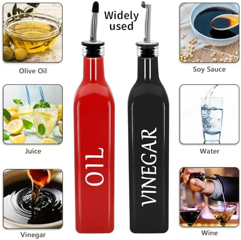 Olive Oil Dispenser Bottle,2 Pcs 17oz 500ml Glass O il and Vinegar Dispenser Set with 2 Stainless Steel Pourers, 8 Labels,Funnel Vinegar Bottles for Kitchen (Red Oil & Black Vinegar)