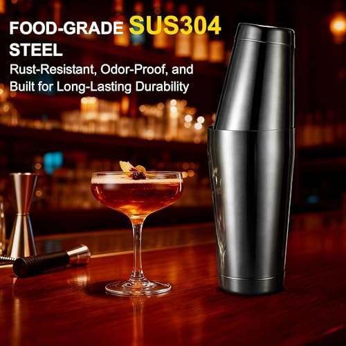 Boston Shaker Set, 18oz & 28oz 2-Piece Tins, Professional 304 Stainless Steel Cocktail Shaker with Leak-Proof Weighted Base for Bartending, Home & Bar Use (Black)