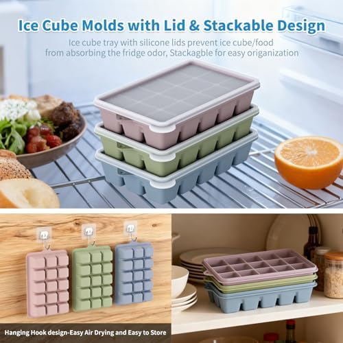 Silicone Ice Cube Trays, Easy Release Ice Cube Molds with Removable Lid, Freezer Stackable Ice Trays for Whiskey, Cocktail, Drinks and Food, Freezer, BPA Free
