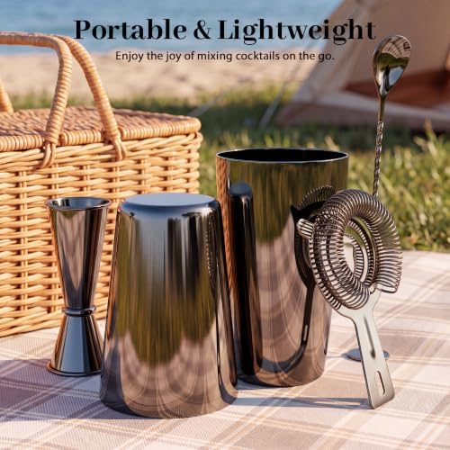 Boston Cocktail Shaker Set, 18 oz & 28 oz 2-Piece Tins, 304 Stainless Steel Bartender Kit 5-Piece Bar Tool Set with Recipe Book, Perfect for Novices & Pros, Home and Bar Use (Black)