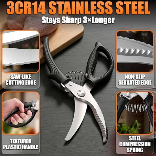 Poultry Shears Heavy Duty, Stainless Steel, 9.4 In, Safety Lock