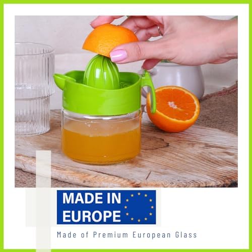Glass Lemon Juicer, Orange, Grapefuit Manual Squeezer, Small Citrus Juicer, Extractor Manual Hand with Handle and Pour Spout, BPA Free and Lead-Free Heavyweight Crystal Clear Glass 10.1oz (Green)
