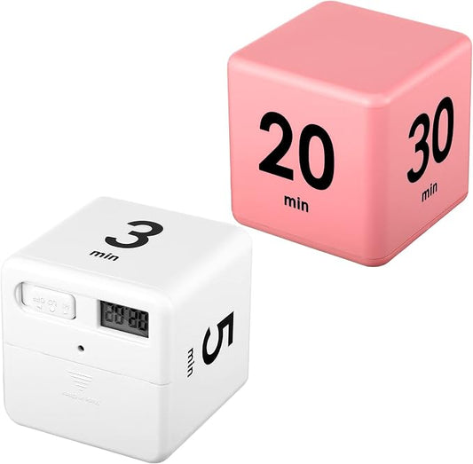 Weewooday 2 Pieces Cube Productivity Timer Flip Gravity Sensor Flip Countdown Countup Workout Timer Management 1 3 5 10 Minutes and 15 20 30 60 Minutes for Back to School Work Kitchen(White, Pink)