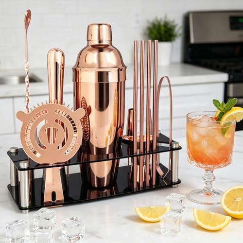 14-Piece Cocktail Shaker Set with Stand, Bartender Kit, 25oz Shakers, Bar Set Cocktail Shaker Set, Jigger for Bartending Kit, Drink Mixer Set, Cocktail Set Recipes Booklet Home, Bar, Party (Rose Gold)