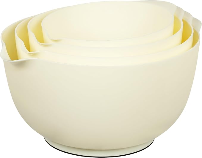 BoxedHome 4.5 Quart Large Plastic Mixing Bowls set with Pour Spout, Beige | BPA-Free Plastic, Microwave & Dishwasher Safe, 4-Piece (1.7, 2.5,3.5 & 4.5 Qt),Nesting Bowls for Space Saving Storage