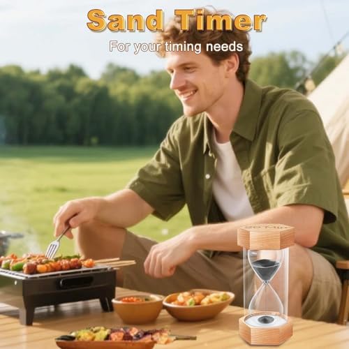 Hourglass Sand Timer 10 Minute, Natural Wood Grain Hexagonal Hour Glass Blaçk Sand Clock, Reloj De Arena, Wooden Sandglass Sand Watch 10 Min for Kids Rustic Desk Decor, Office, Game, Classroom