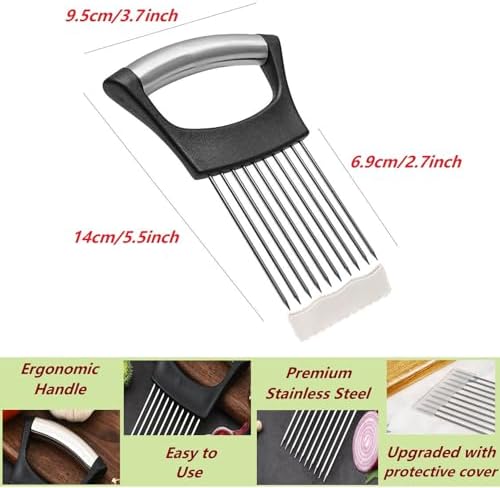 Upgraded Stainless Steel Lemon Slicer Onion Cutter, Onion Holder for Slicing, Vegetable Cutter Kitchen Chopper Slicing Assistant Tool for Potato and Tomato Avocados Eggs Meat (1, Black Grey)