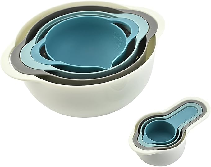 Plastic Nesting Bowls Set, 8 Pieces | 2 Mixing Bowls, Colanders, 4 Measuring Cups, Sifter for Baking, Food Prep, RV Camping Accessories