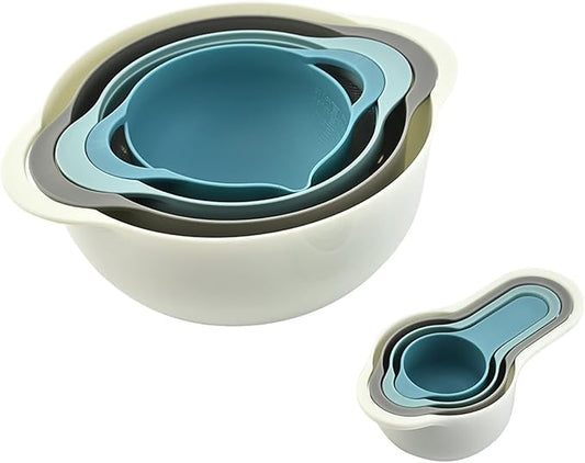 Plastic Nesting Bowls Set, 8 Pieces | 2 Mixing Bowls, Colanders, 4 Measuring Cups, Sifter for Baking, Food Prep, RV Camping Accessories