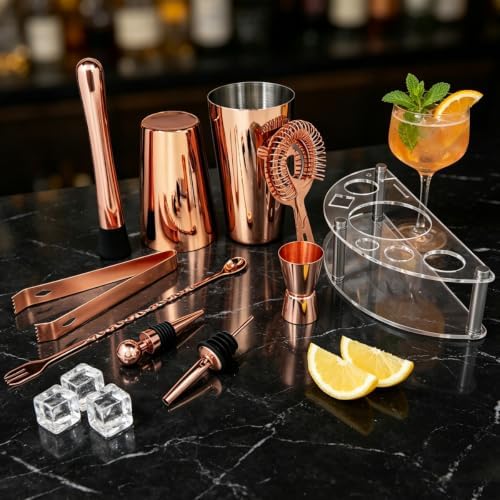 9-Piece Cocktail Shaker with Stand, 25oz Bartender Kit, Cocktail Shaker with Strainer Set, Boston Shaker Set, Bar Set Jigger for Bartending Drink Mixer Set, Cocktail Set Recipes (Rose Gold-25/20oz)