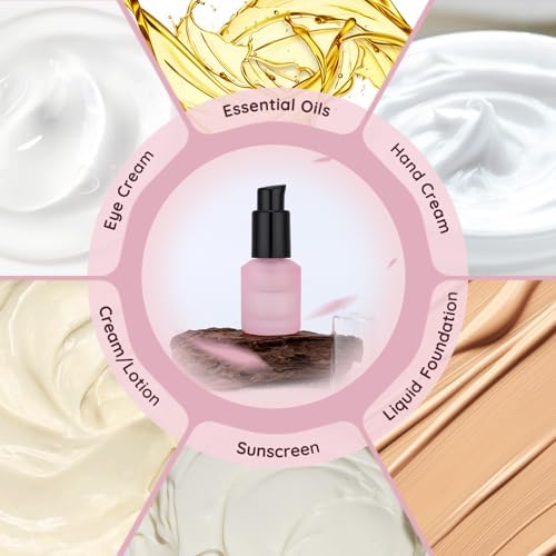 Segbeauty 0.5oz Frosted Glass Lotion Pump Bottles, 5pcs Refillable Empty Travel Size Bottles for Lotions, 15ml Pink Glass Small Travel Containers for Creams, Mini Hair Oil Bottle Pump Dispenser