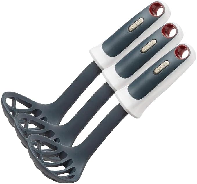Zyliss Mini Masher & Scoop, 7.5"– Gray/White Handheld Miniature Potato Masher for Baby Food & Guacamole, Ergonomic Non‑Slip Handle, Compact Head Fits Small Bowls, Hanging Loop Kitchen Tool(Pack of 3)