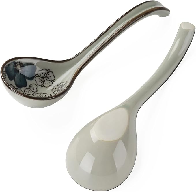 Ceramic Soup Spoons Set of 4 Porcelain Japanese Soup Spoon Long Handle Asian Soup Spoon Sets for Pho Ramen Noodles Wonton Dumpling Rice (Model 2#)